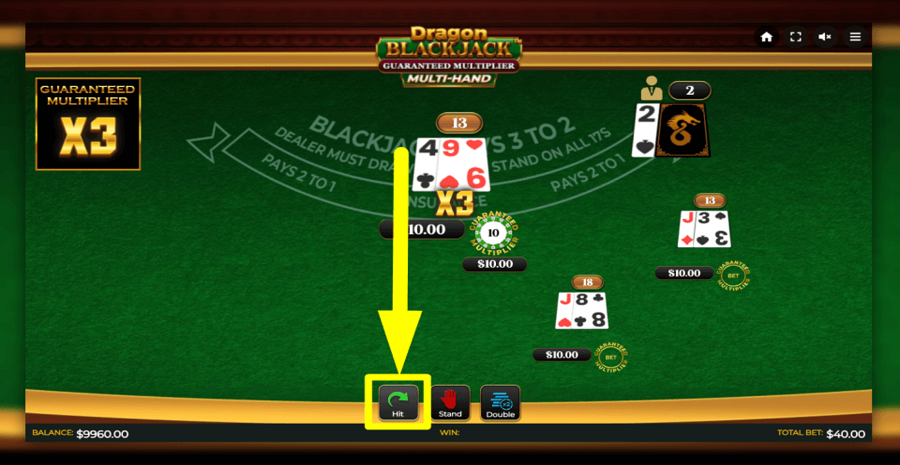 Dragon Blackjack Guaranteed Multiplier Multihand Hit Button