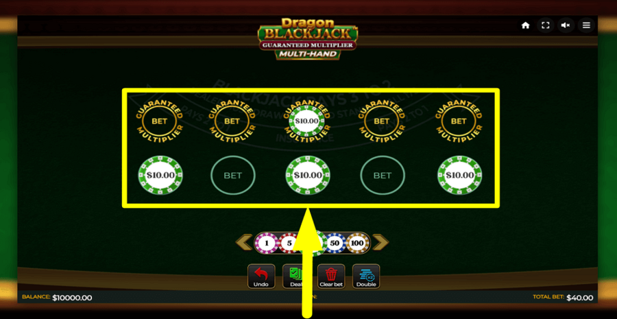 Dragon Blackjack Guaranteed Multiplier Multihand Place Bets