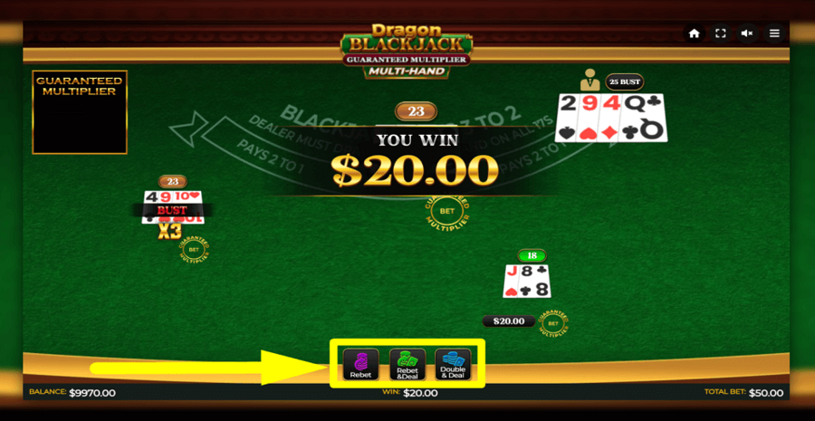 Dragon Blackjack Guaranteed Multiplier Multihand Rebet Button