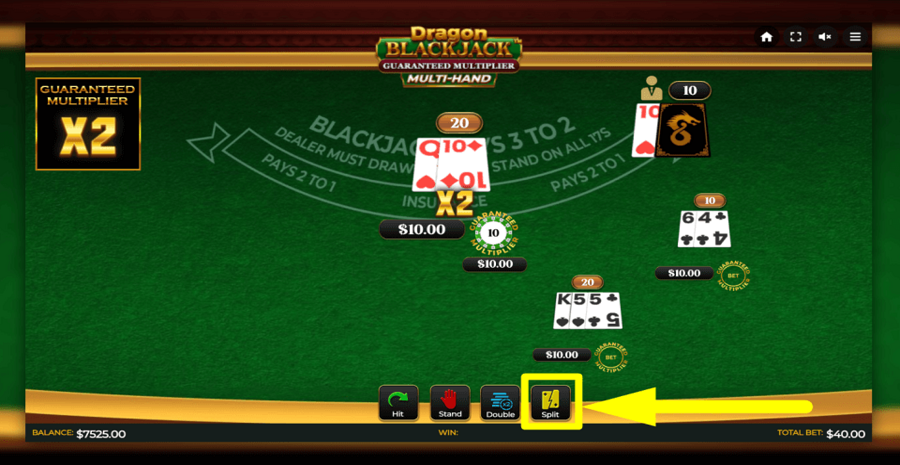 Dragon Blackjack Guaranteed Multiplier Multihand Split Button