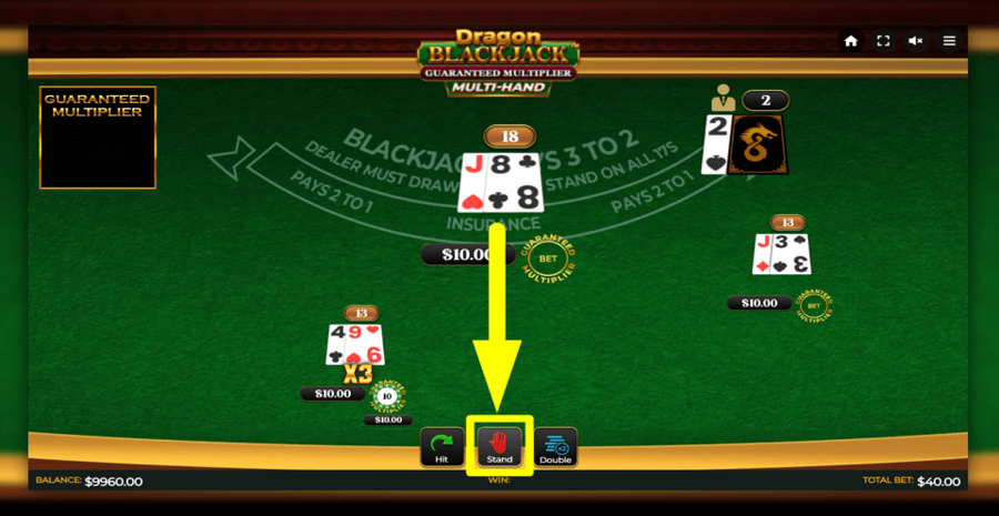 Dragon Blackjack Guaranteed Multiplier Multihand Stand Button