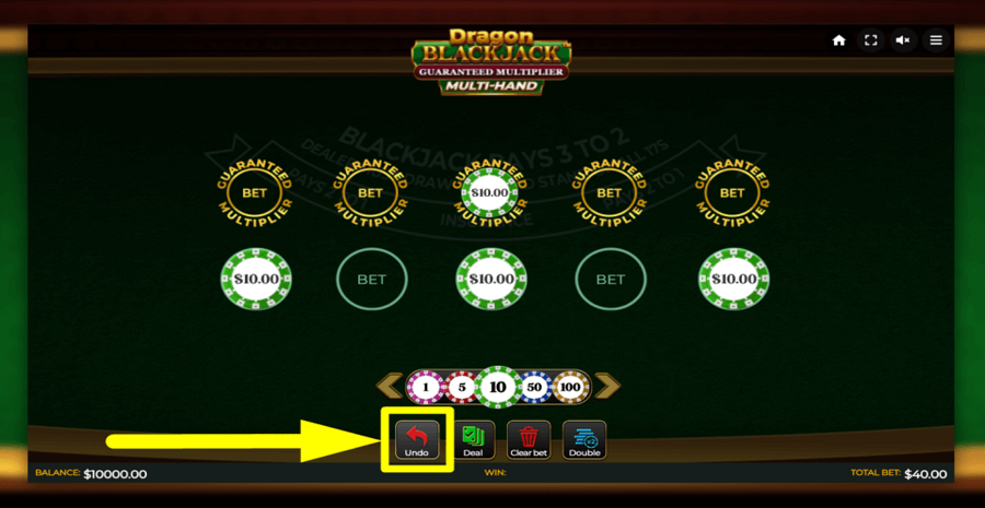Dragon Blackjack Guaranteed Multiplier Multihand Undo Button