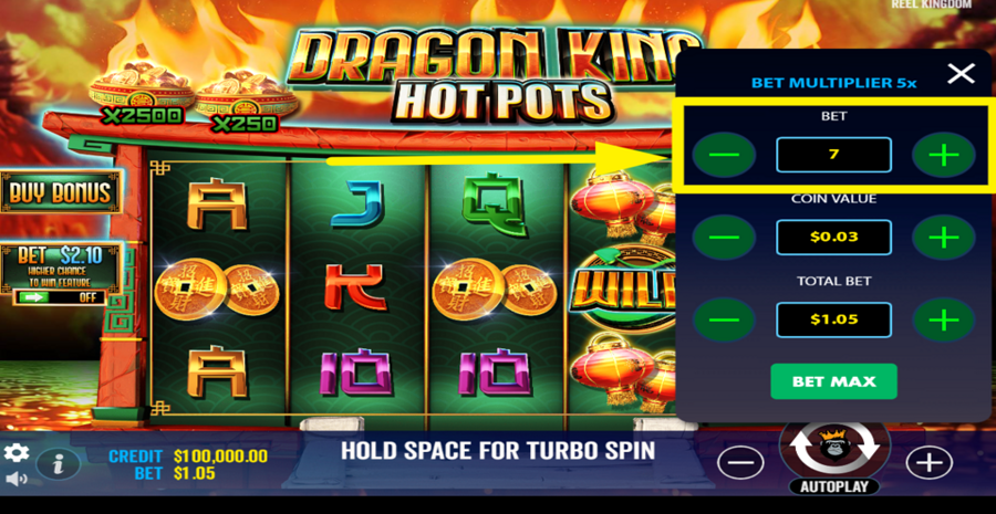 Dragon King Hot Pots Adjust Bet Level