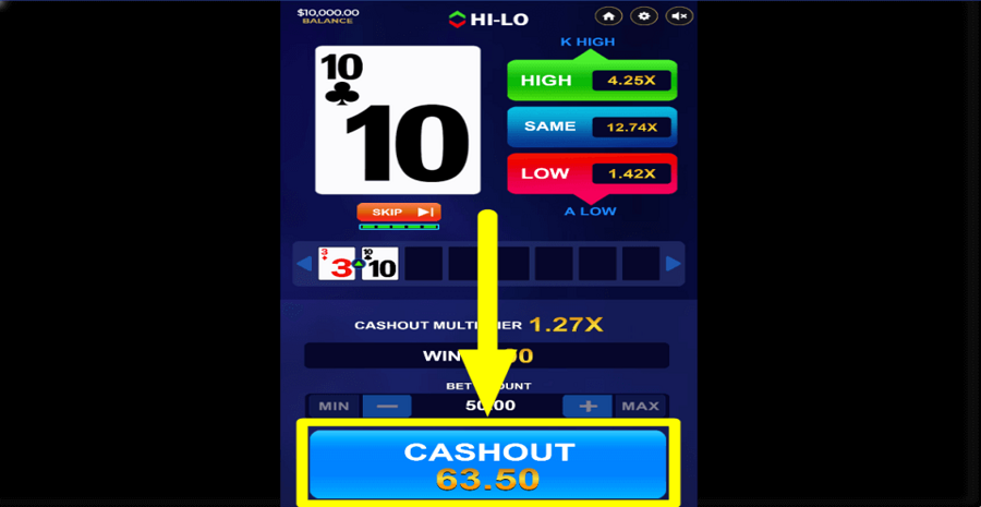 Dragongaming Hi Lo Cashout Button