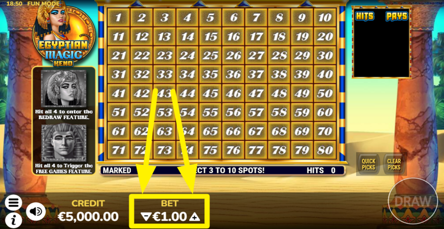 Egyptian Magic Keno Adjust Bet