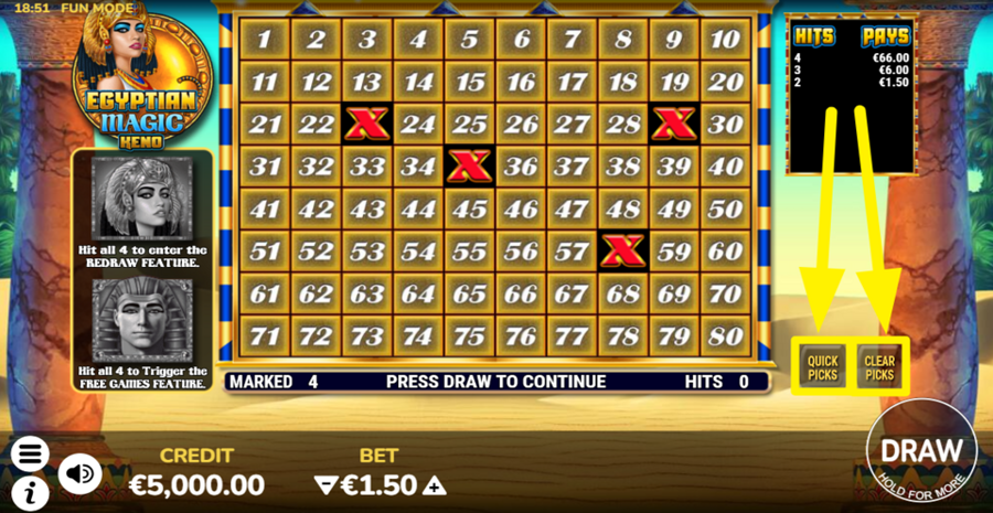 Egyptian Magic Keno Quick Select Clear
