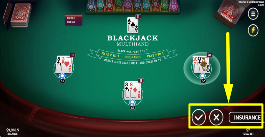 European Blackjack Multihand Insurance Feature