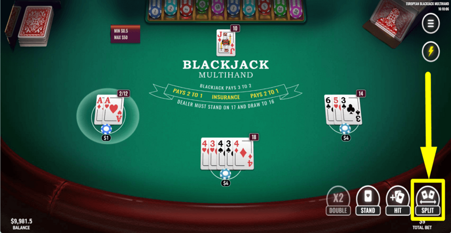 European Blackjack Multihand Split Button
