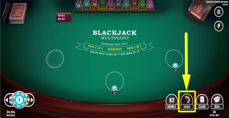 European Blackjack Multihand Undo Button