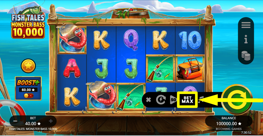 Fish Tales Monster Bass 10000 Max Bet Button