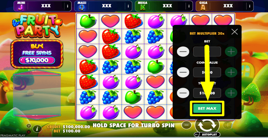 Fruit Party Oranje Jackpot Bet Max Button