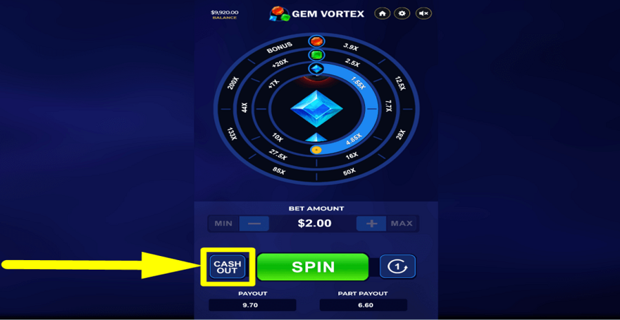 Gem Vortex Cash Out Button