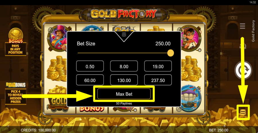 Gold Factory Max Bet Button