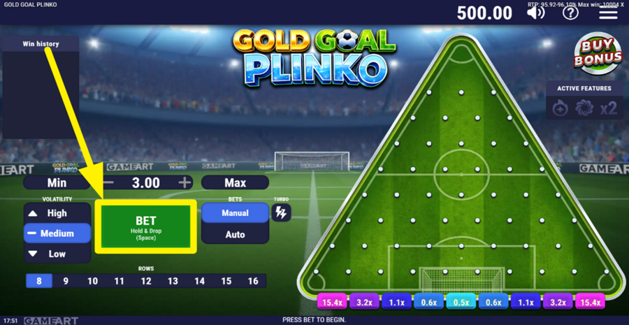 Gold Goal Plinko Place Bet