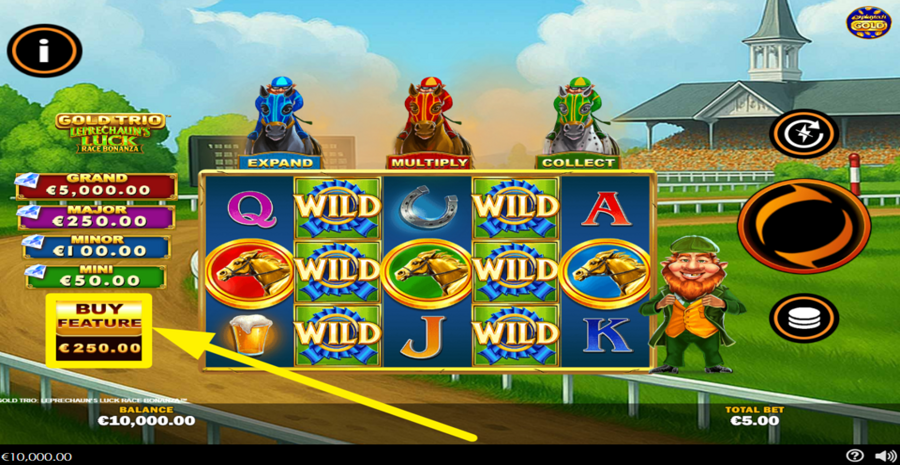 Gold Trio Leprechauns Luck Race Bonanza Buy Bonus
