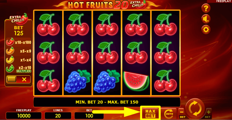 Hot Fruits 20 Extra Chillis Max Bet Button