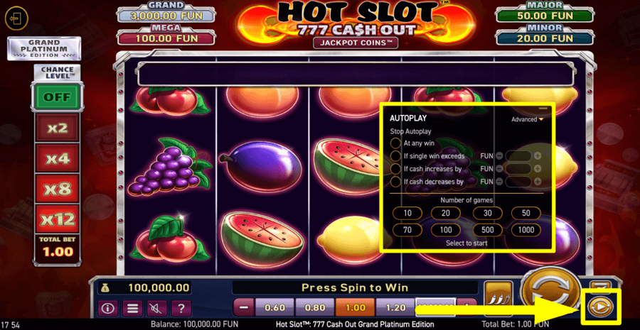 Hot Slot 777 Cash Out Grand Platinum Edition Autoplay Feature
