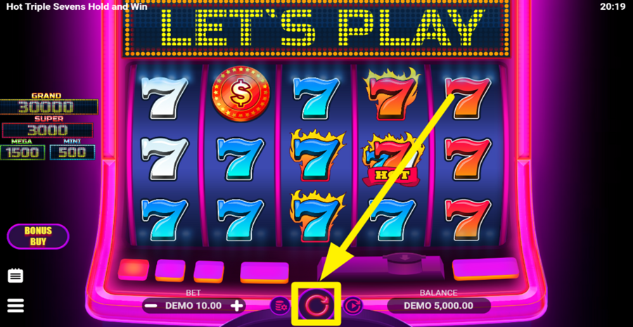 Hot Triple Sevens Hold And Win Spin Button