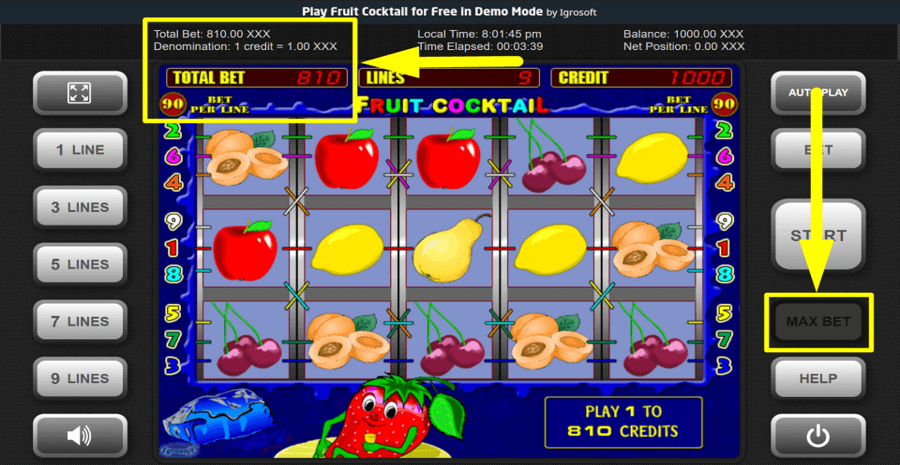 Igrosoft Fruit Cocktail Max Bet Button