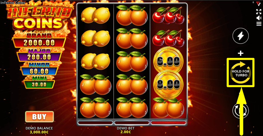 Inferno Coins Ultimate Running Wins Spin Button