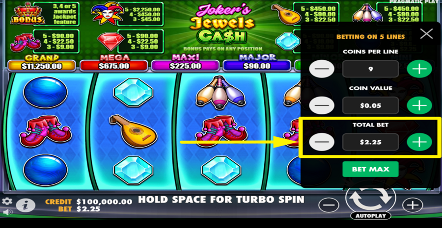 Jokers Jewels Cash Adjust Total Bet