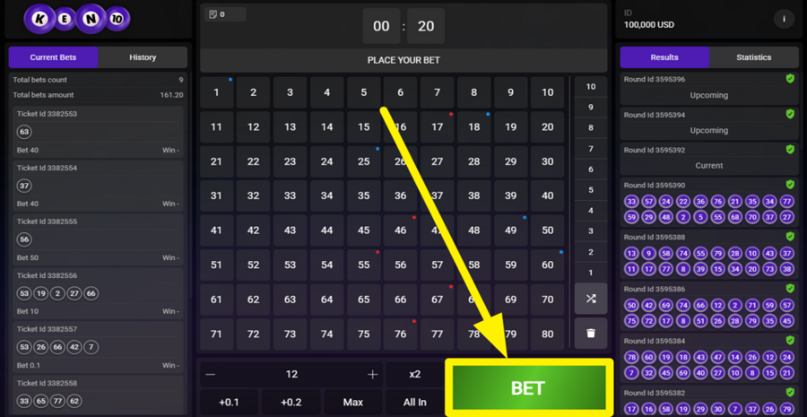 Keno 10 Place Bet