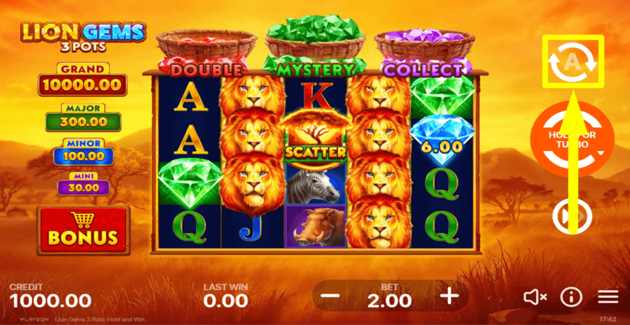 Lion Gems 3 Pots Hold And Win Autoplay Feature