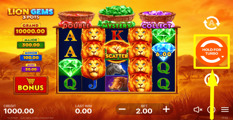 Lion Gems 3 Pots Hold And Win Spin Button