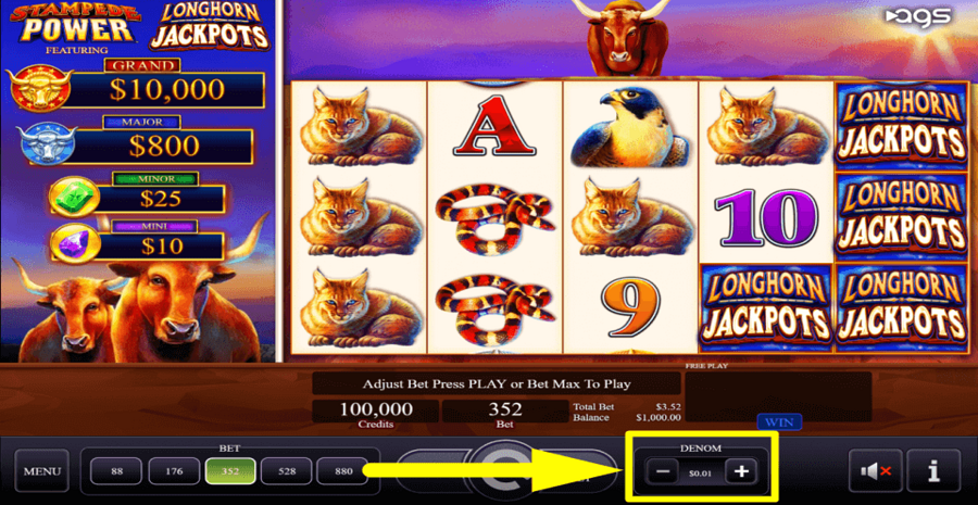 Longhorn Jackpots Coin Denomination