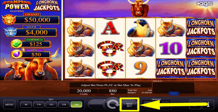 Longhorn Jackpots Max Bet Button