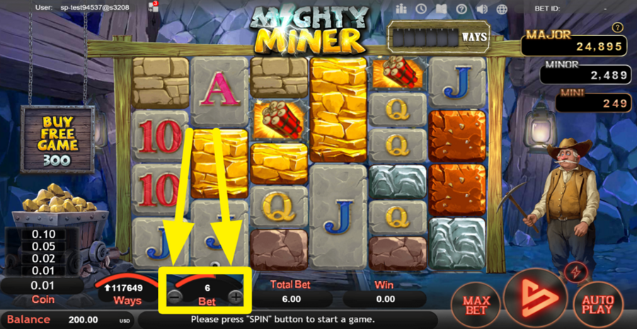 Mighty Miner Adjust Bet Level