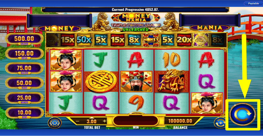 Money Mania Triple Fortune Dragon Unleashed Spin Button
