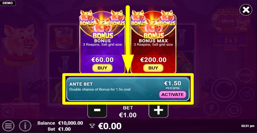 Piggy Pop Grand Affair 2 Ante Bet Feature