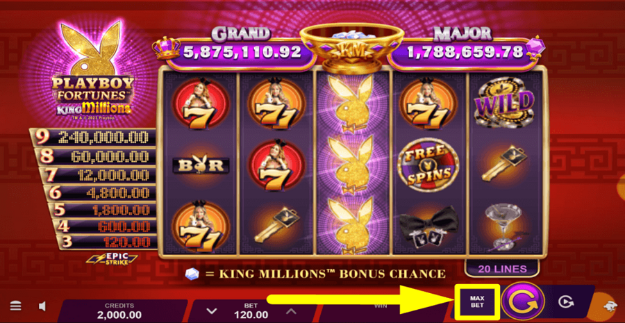 Playboy Fortunes King Millions Max Bet Button
