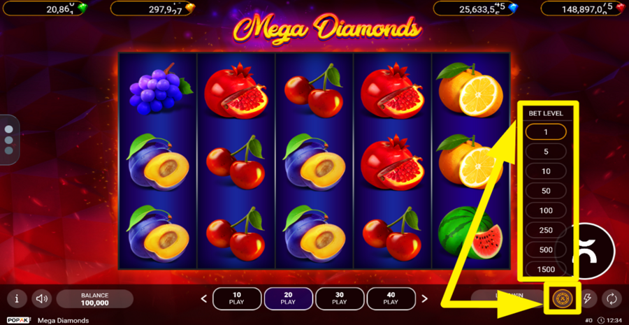 Popok Gaming Mega Diamonds Adjust Bet Level
