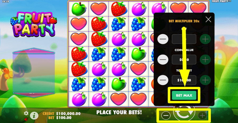 Pragmatic Play Fruit Party Bet Max Button