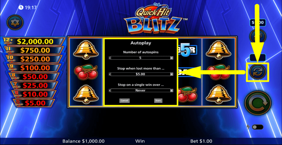 Quick Hit Blitz Blue Autoplay Feature