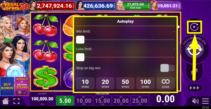 Regal Spins 20 Autoplay Feature