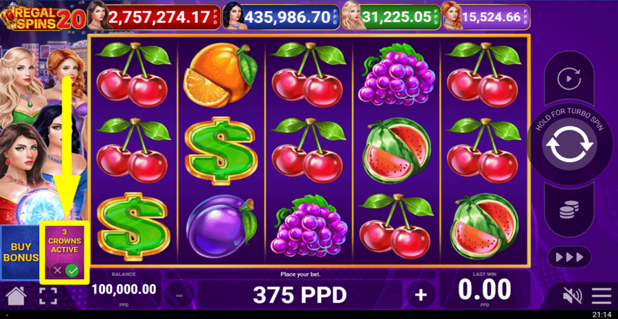 Regal Spins 20 Bonus Feature