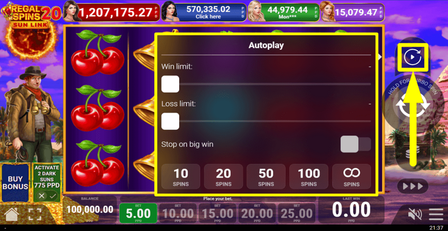 Regal Spins 20 Sun Link Autoplay Feature