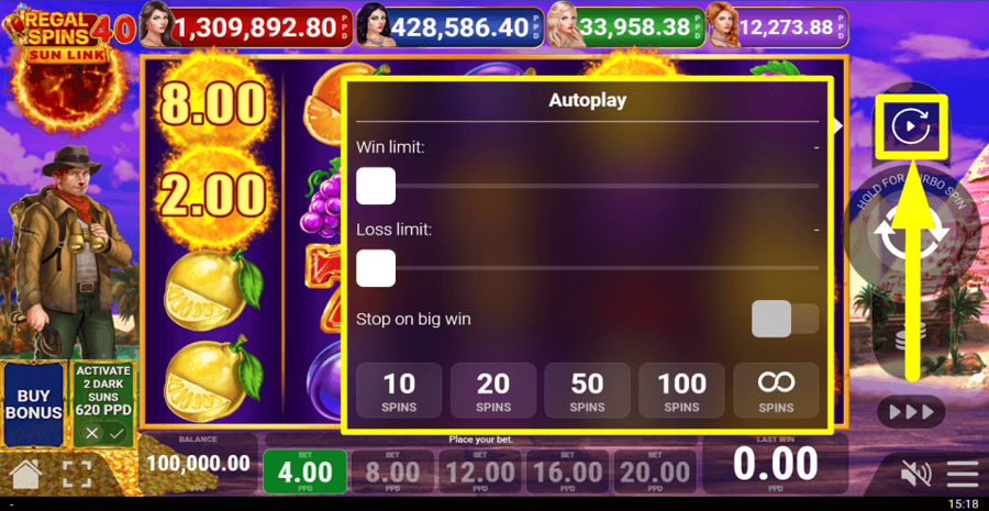 Regal Spins 40 Sun Link Autoplay Feature