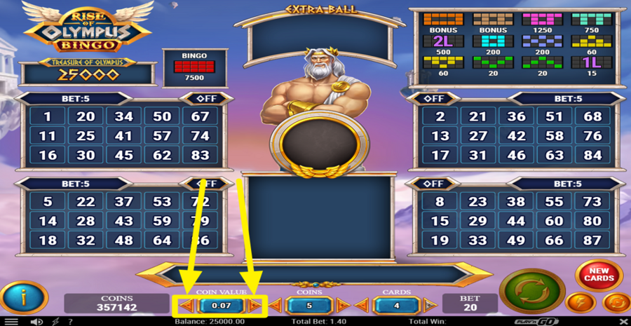 Rise Of Olympus Bingo Adjust Coin Value