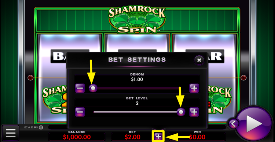 Shamrock Spin Bet Adjust Denom Bet Level