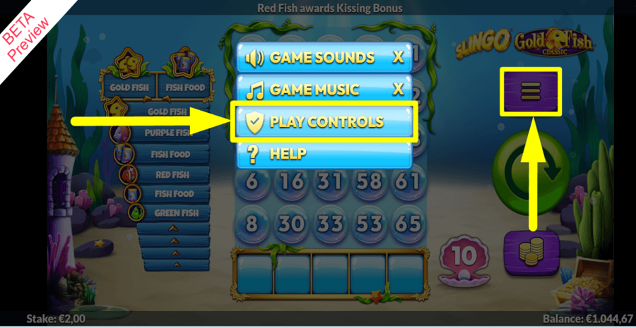Slingo Gold Fish Play Controls