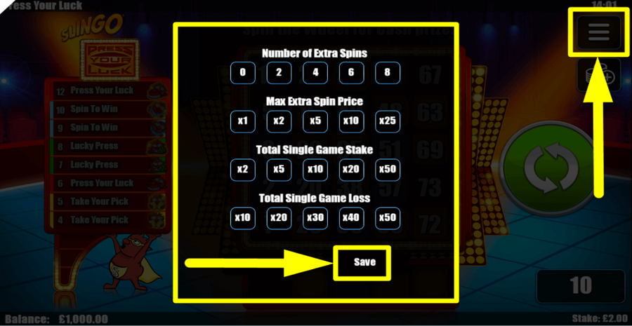 Slingo Press Your Luck Play Controls