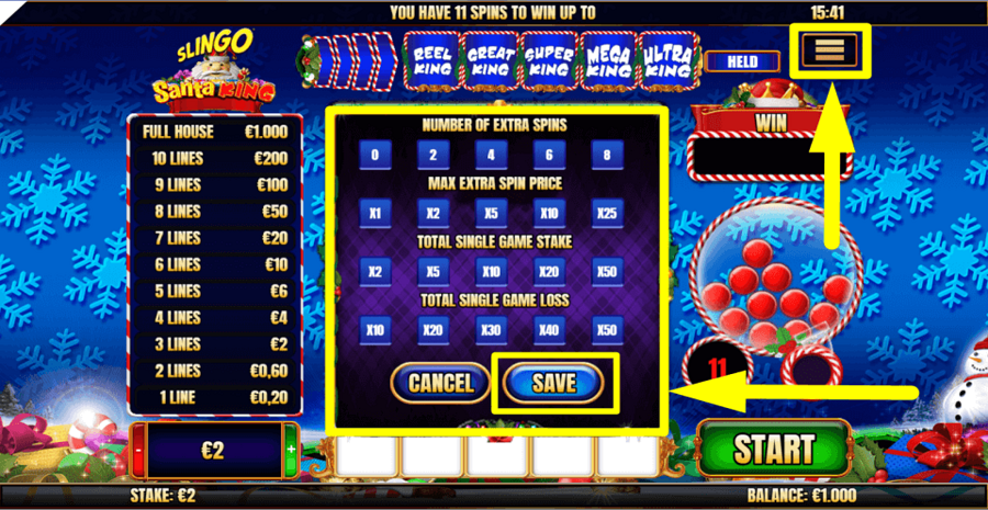 Slingo Santa King Play Controls