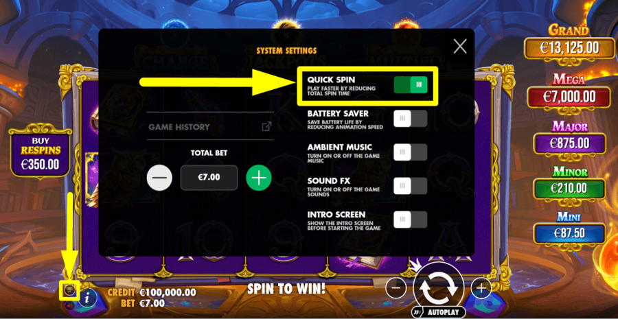 Spell Master Quick Spin Feature