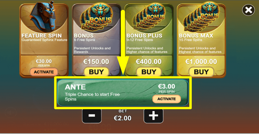 Sphinx Treasure Ante Bet Feature