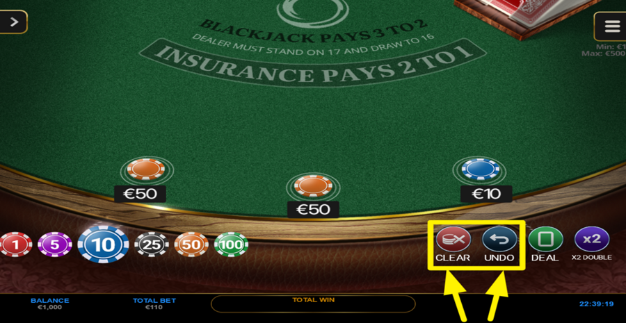 Spinoro Blackjack Undo Or Clear Bet