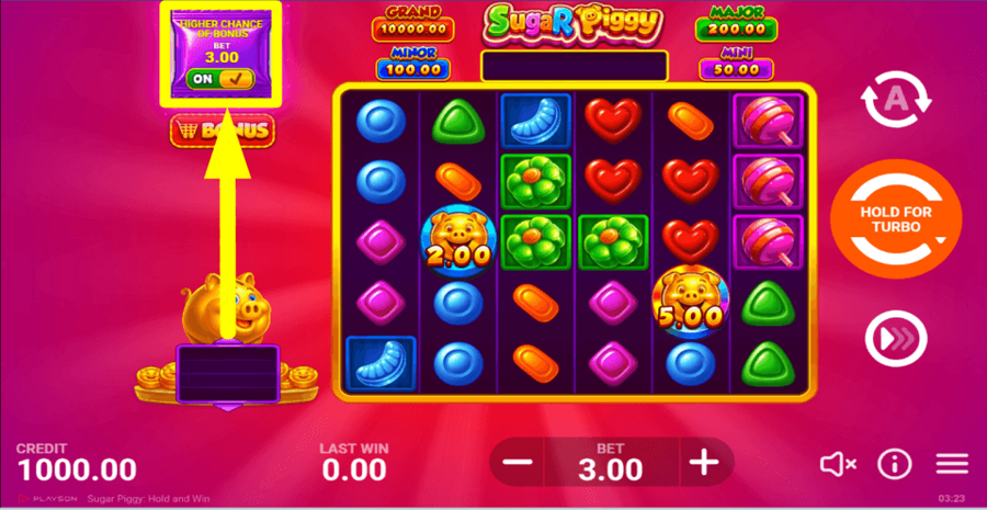 Sugar Piggy Hold And Win 6x5 Ante Bet Feature